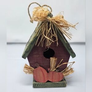 Rustic Green and Brown Birdhouse with Pumpkins